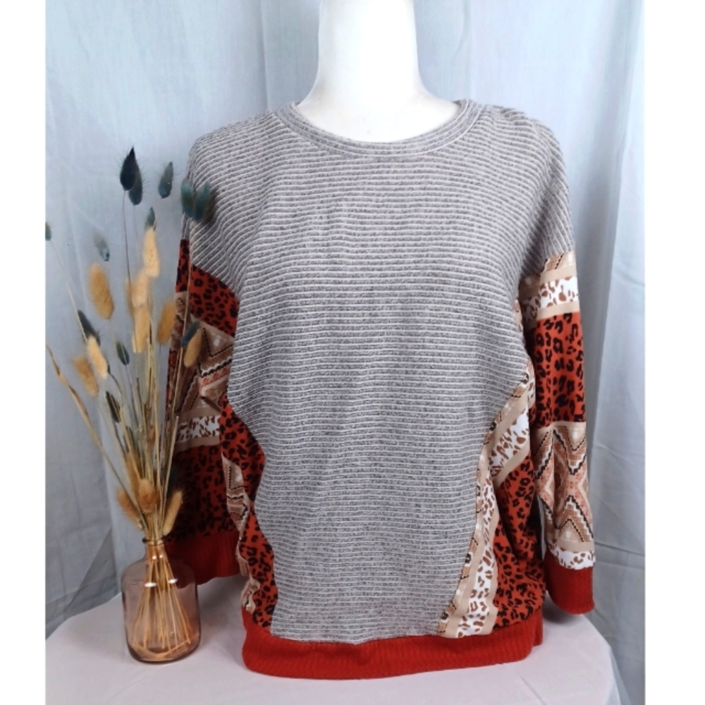 Women’s Grey Sweater with Rust Animal-Print Panels